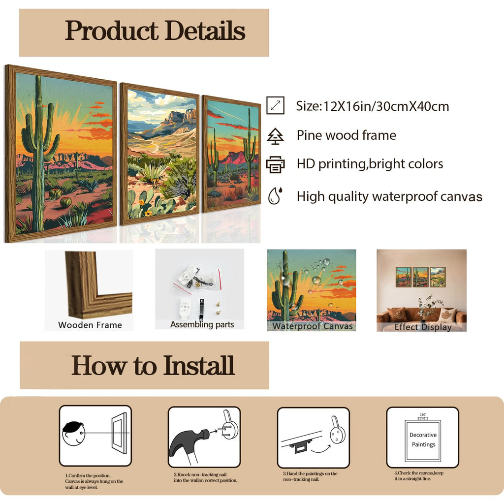 Framed Desert Landscape Wall Art Set of 3, Vintage Mexican Cactus Wall Decor Paintings, Boho Southwestern Mountain