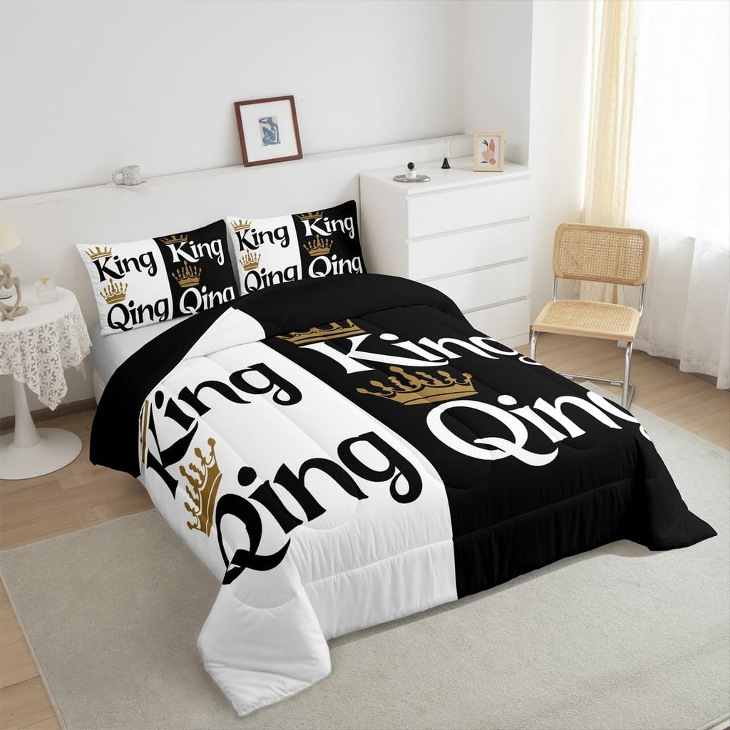 Erosebridal King and Queen Crown Comforter Set Black White Couple Bedding Set for Adult Women Men,His Her Mr Mrs Quilt