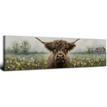 Farmhouse Highland Cow Wall Art Abstract Country Dandelion Picture Barn Longhorn Cattle Wall Decor Western Flower