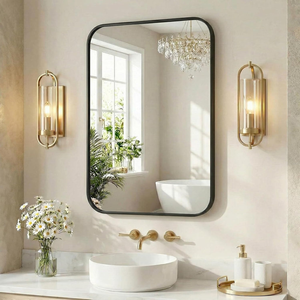 Bathroom Mirror for Over Sink, 20x28 Inch Wall Mount Mirror with a Rounded Rectangle and Matte Metal Frame