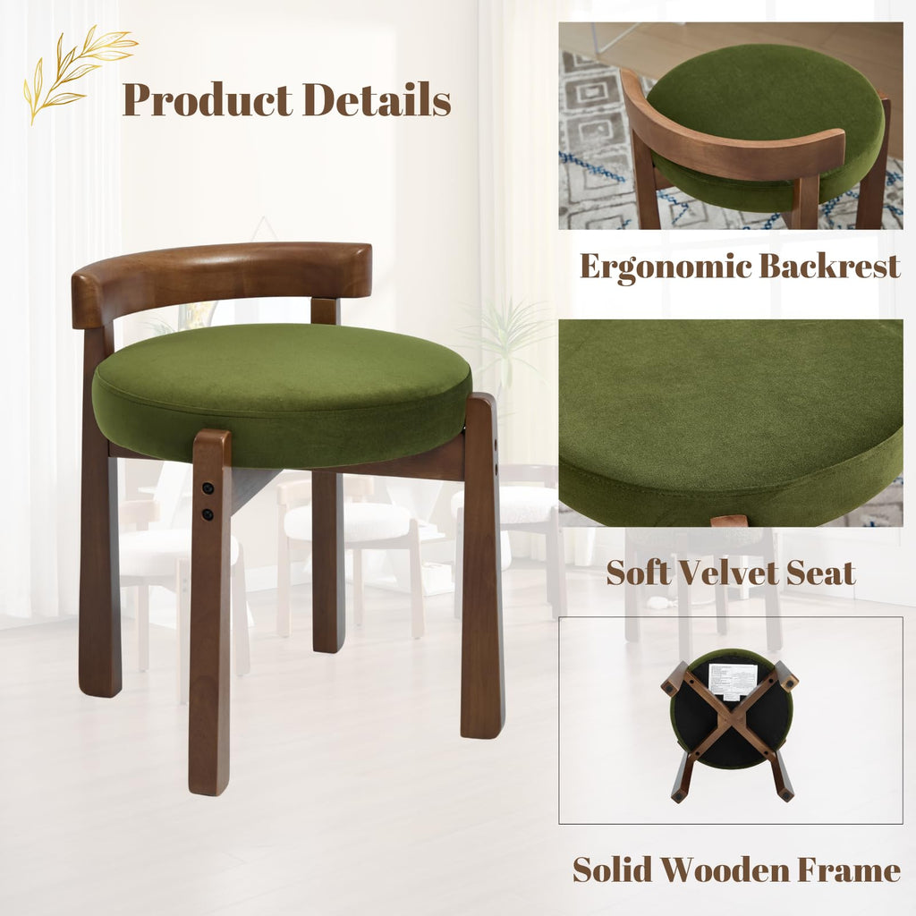 Modern Vanity Chair Upholstered Small Ottoman Footstool, Make Up Stool Velvet Fabric with Backrest Wooden Frame