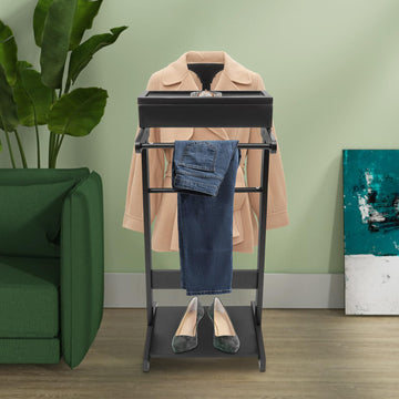 Wood Suit Rack Stand Clothes Valet Suit with Drawer Top Tray Organizer