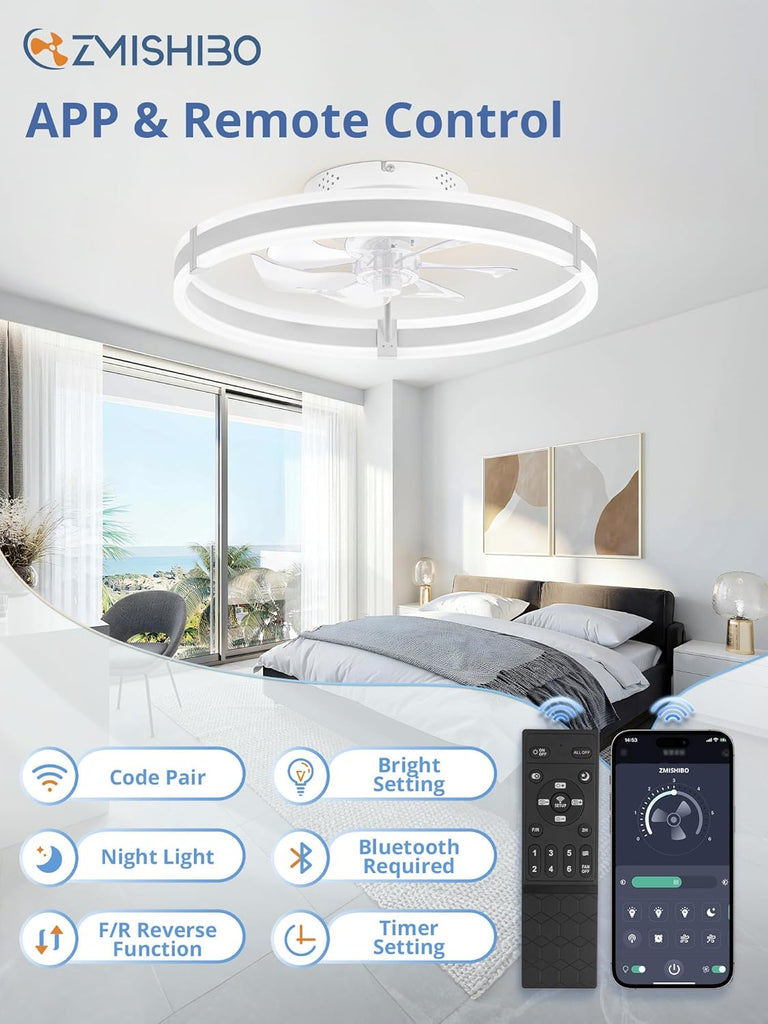 Ceiling Fans with Lights and Remote, 19.7'' Low Profile Ceiling Fan, 3000-6000K Dimmable Modern Flush Mount LED Fan Light, 6 Wind Speeds, White Fandelier Ceiling Fans for Bedroom A101-B0DBHC6FNR