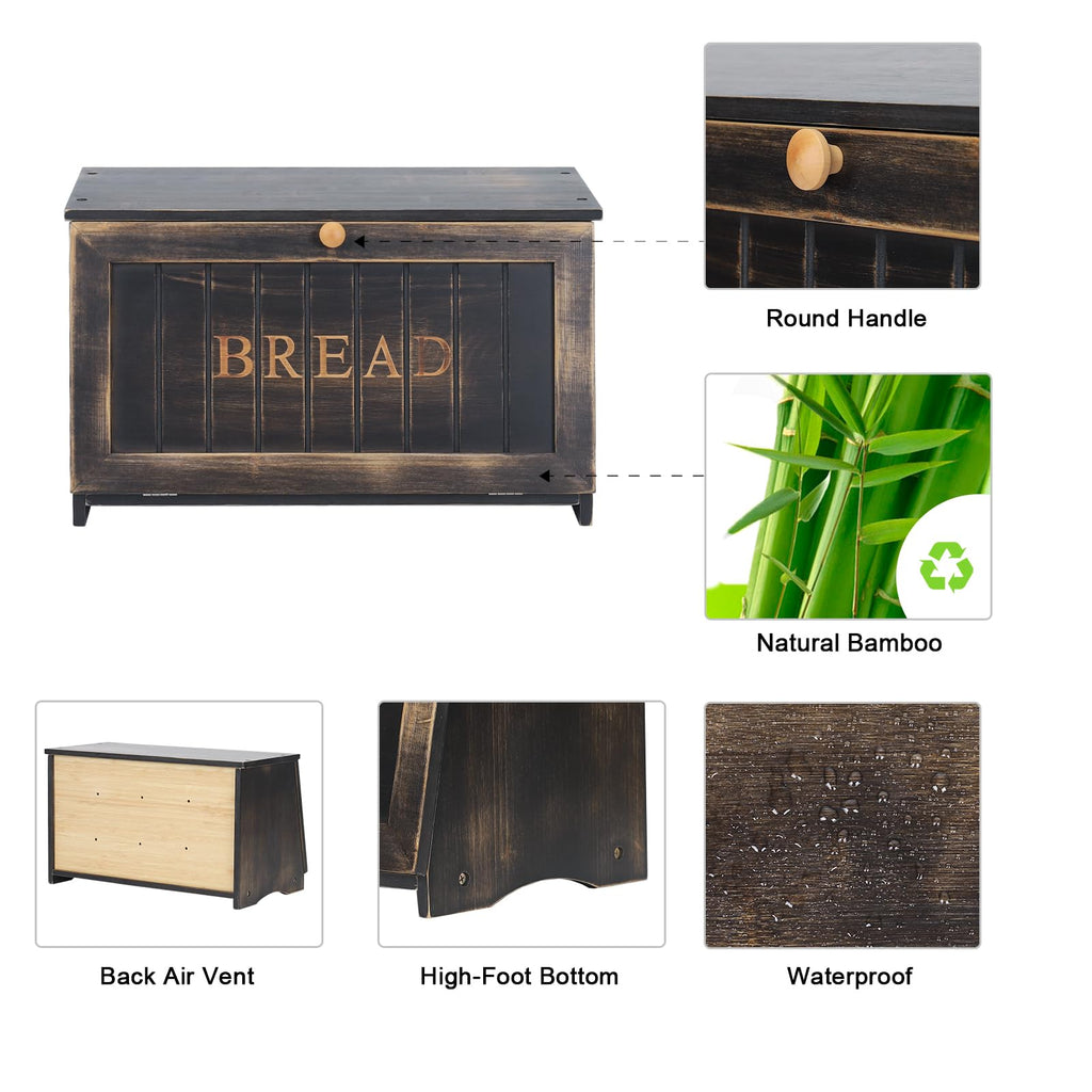 Bread Box - Vintage Wood Counter,Retro Storage Bin,Black