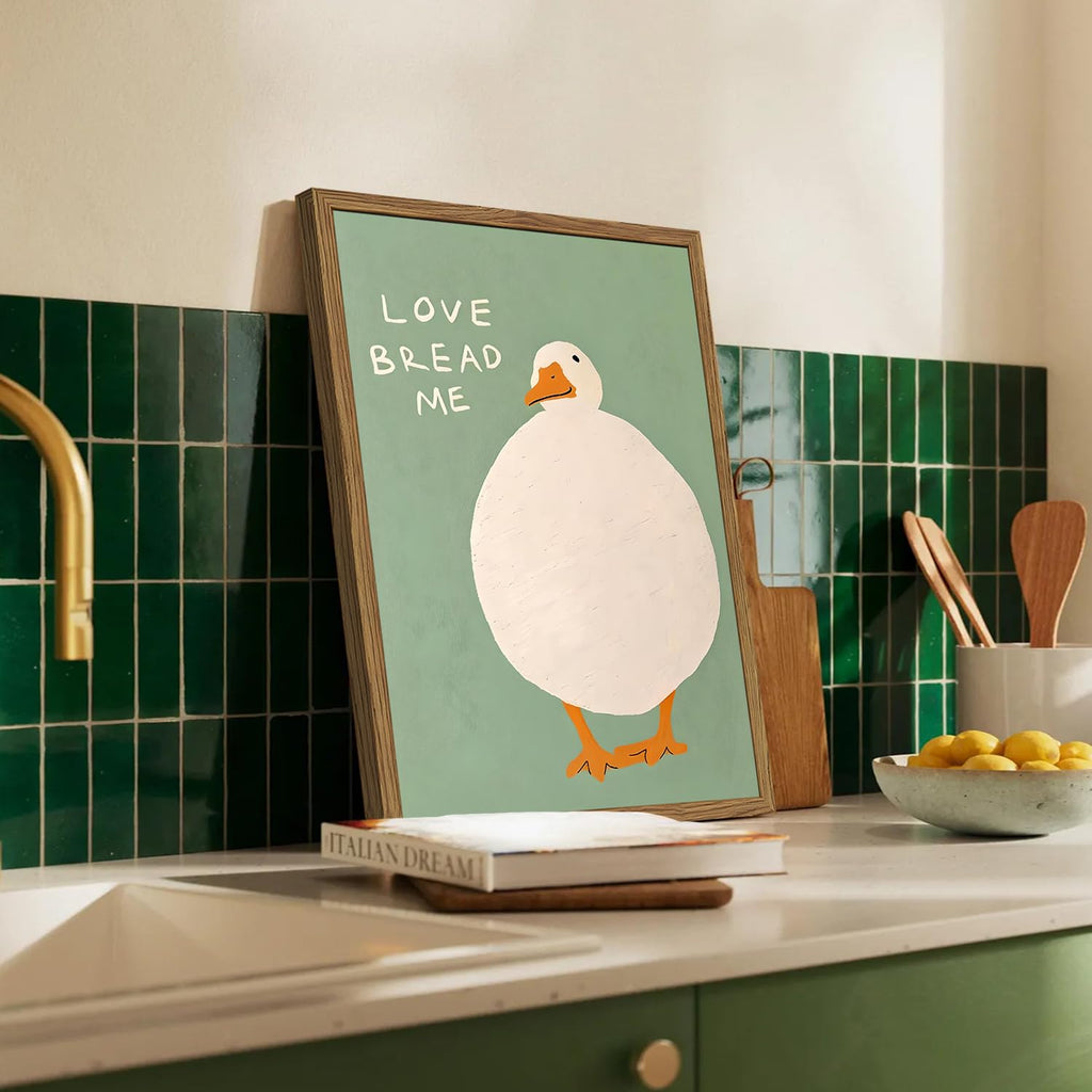 Cute Silly Goose Kitchen Wall Art Love Bread Me Quotes Wall Decor Painting, Funny White Duck Canvas Prints Picture