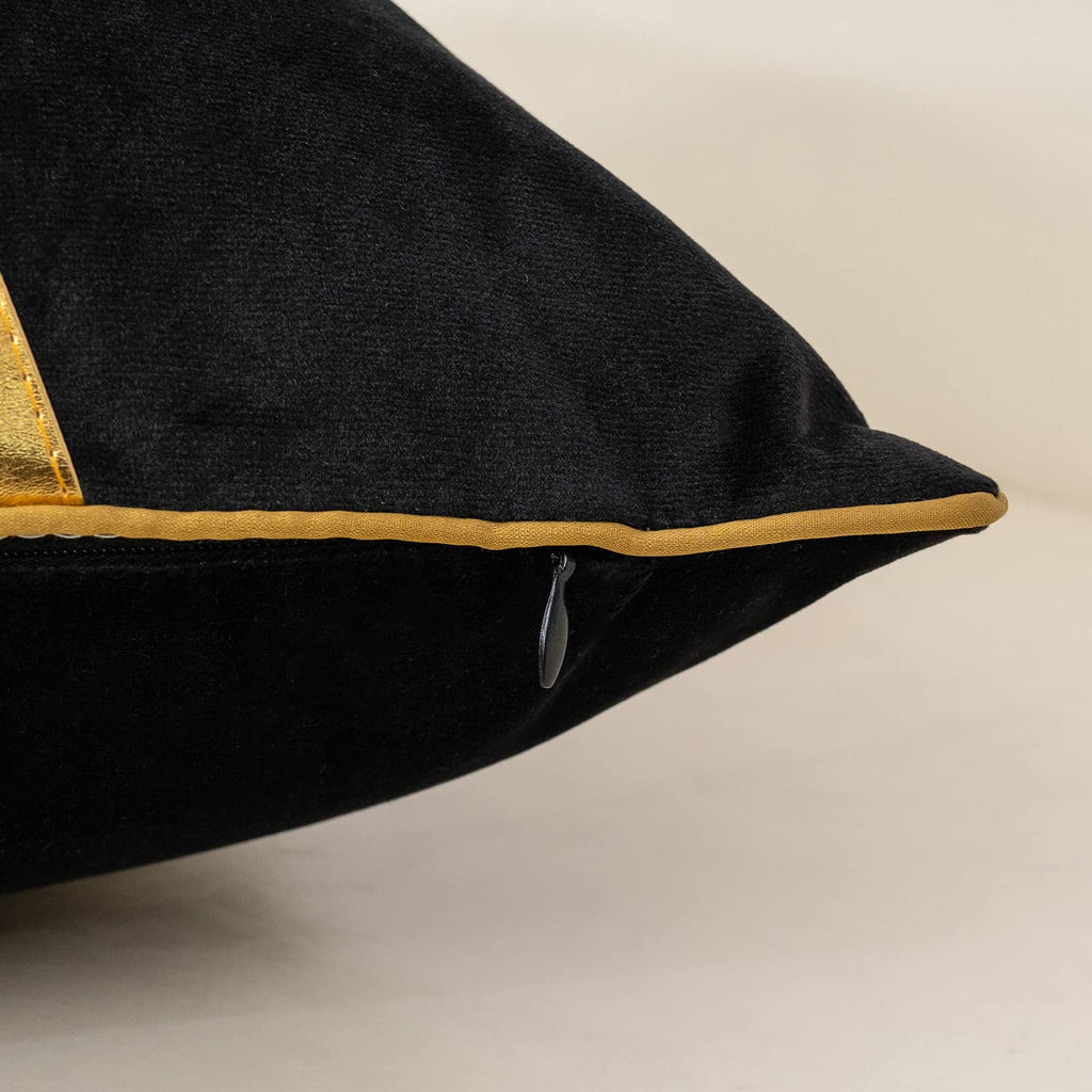 18 x 18 Inch Black Beige Gold Leather Patchwork Velvet & Polyester Cushion Case Luxury Modern Square Throw Pillow