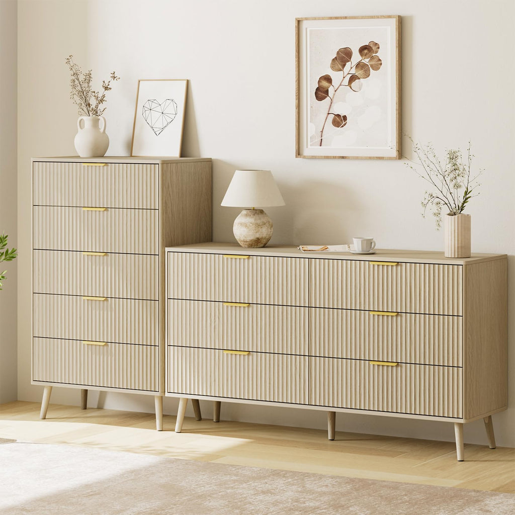 Beige 5 Drawer Dresser, 45" Tall Modern Chest of Drawers with Fluted Panel, Curved Profile Design, Metal Handles