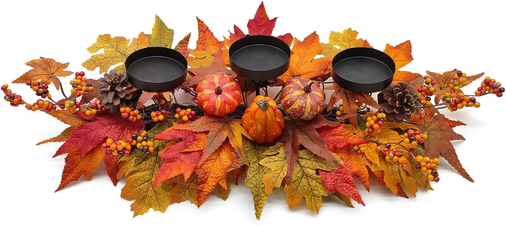 Thanksgiving Centerpiece Fall Table Decorations, Artificial Gourd, Pumpkins, Pine Cones, Maple Leaves and Berries