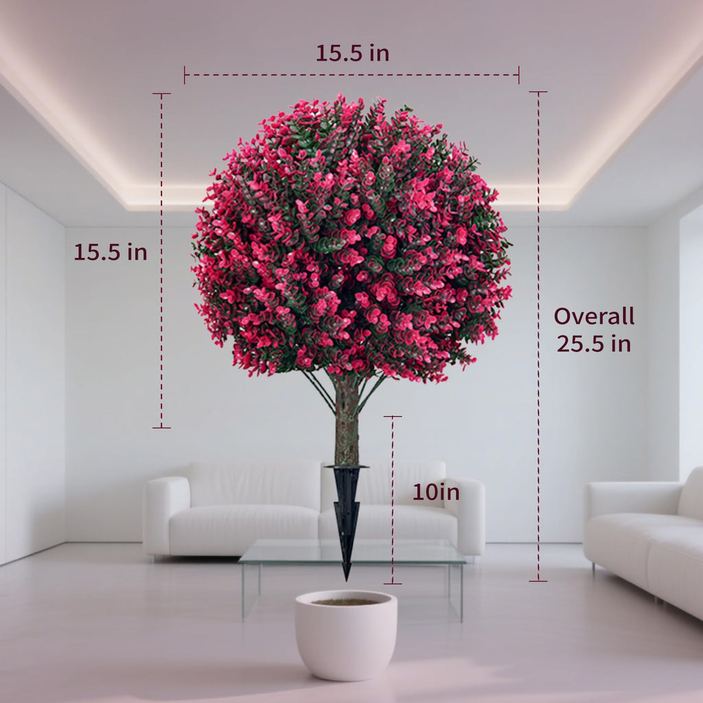 Red Eucalyptus Topiary Ball Tree, Outdoor Faux Evergreen Shrubs with Ground Spike, UV Resistant Fade Proof Fake