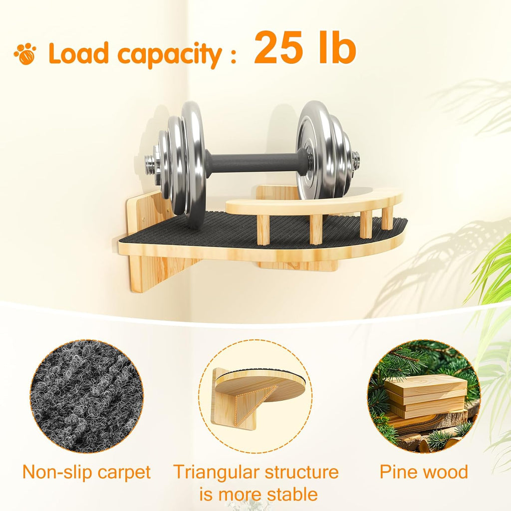 Cat Wall Shelves, Corner Cat Shelf with 3 Wide Perch Steps, Kitty Wall Climber Wooden Furniture up to 25lbs, Modern