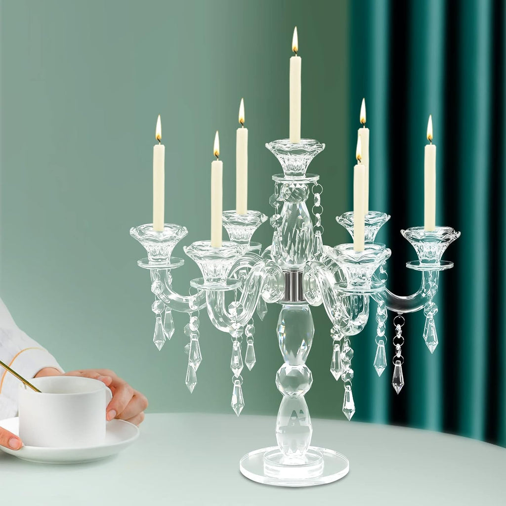7 Arm Crystal Floor Candelabra Wedding Table Centerpieces,14 Inches Tall Candlesticks Candle Holder Stand for Dinner