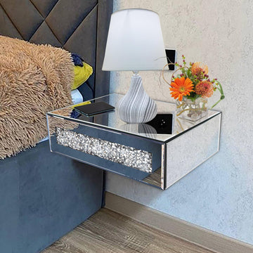 Mirrored Floating Bedside Nightstand with Drawer, Wall Mounted Silver Glass Crystal Diamond Bling Decoration