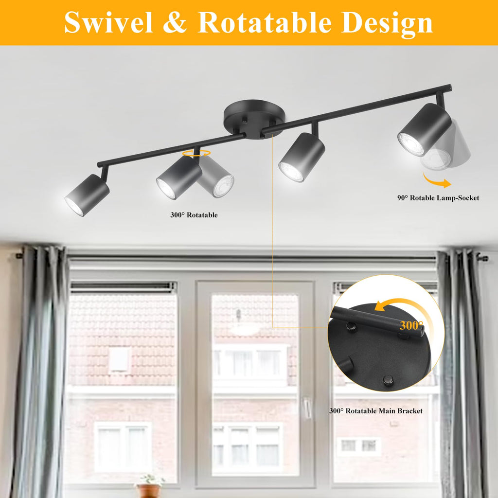 LED 4 Light Track Lighting Kit, Black 4 Way Ceiling Spot Lighting, Flexibly Rotatable Light Head, Bulb Not Included