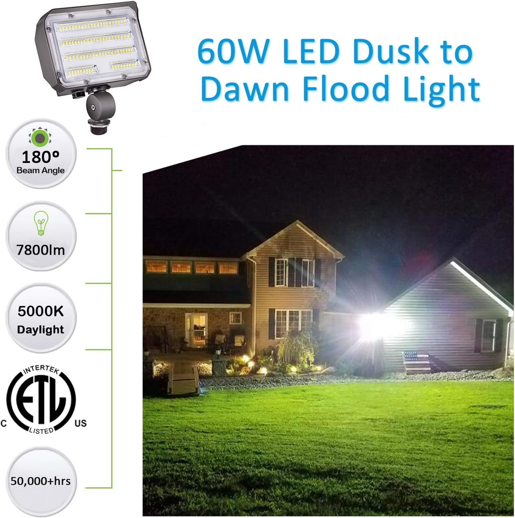 60W LED Knuckle Mount Flood Light, Outdoor Security Floodlights Fixture with Base, Dusk-to-Dawn Photocell Daylight