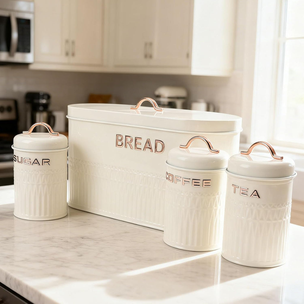 Kitchen Canister Set with Bread Box for Countertop, 4PC Iron Coffee Tea Sugar Canisters Storage with Lid, Airtight