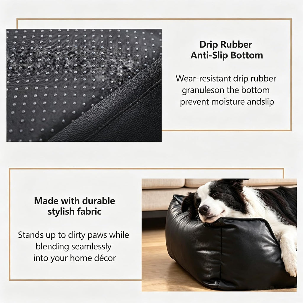 Faux Leather Dog Bed, Waterproof Cat Sofa Bed with Non-Slip Bottom