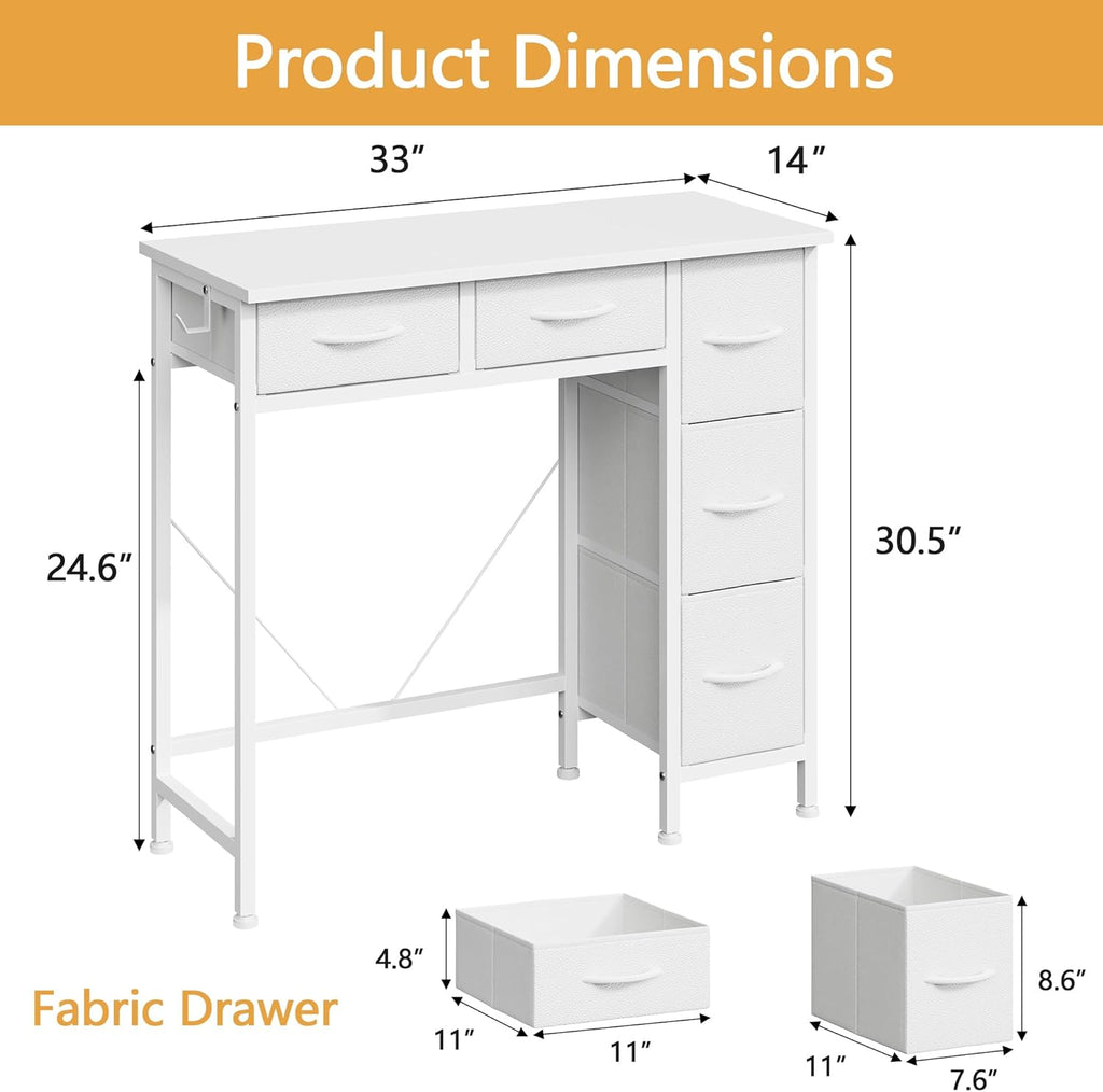 Small Desk with 5 Fabric Drawers, 33 Inch Writing Desk, Simple PC Desks for Small Place