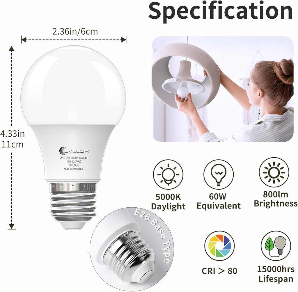 6-Pack A19 LED Light Bulbs,60 Watt Equivalent Daylight 5000K with E26 Base,Efficient 9W,800 Lumens Non-Dimmable LED