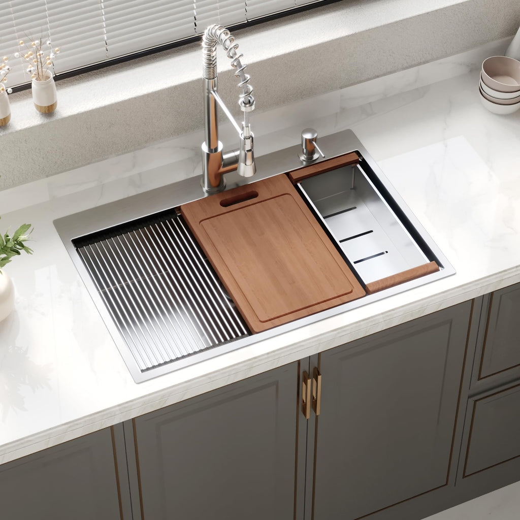 33" x 22" Drop Sink, 304T Stainless Steel Topmount Workstation Sink, Single Bowl with Integrated Ledge