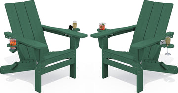 Modern Folding Adirondack Chairs Set of 2, HDPE, Cup Holders, Green | Outdoor All-Weather Lawn Adirondack Chairs Wood