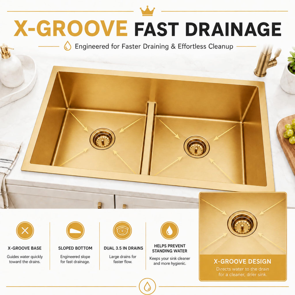 Gold Undermount Kitchen Sink, 32 inch Double Bowl Kitchen Sinks