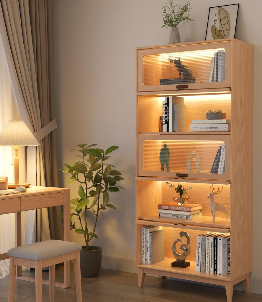 5 Tier Solid Wood Bookcase with Tempered Glass Doors Elegant Wooden Book Shelf with Doors 72H/32w/14 inch Log Khaki
