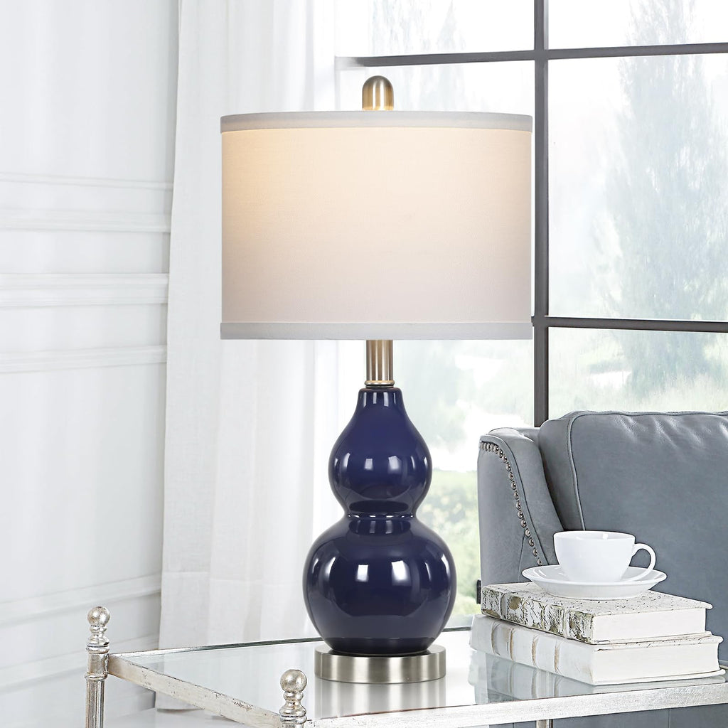 Double Gourd Ceramic Table Lamps Set of 2, Modern Navy Blue Bedside Lamps for Night Stand, Contemporary Nightstand