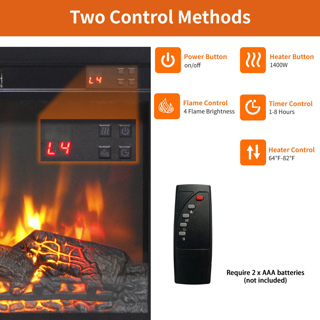30" Electric Fireplace Insert, Realistic Flame & Log Set, 4-Level Brightness, 1400W Fireplace Heater with Thermostat