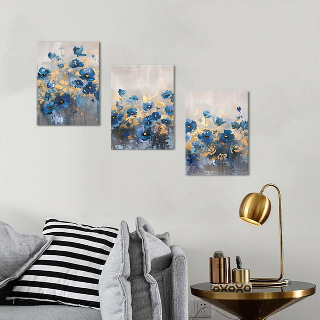Abstract Blue Flower Wall Art Navy Blue and Gold Floral Wall Decor Modern Gold Blue Wildflower Canvas Prints Decor