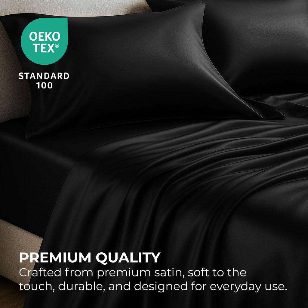 King Satin Sheets Set, Black 4-Piece Silky Bed Sheets, Cooling, Gentle on Hair & Skin, 15-Inch Deep Pocket