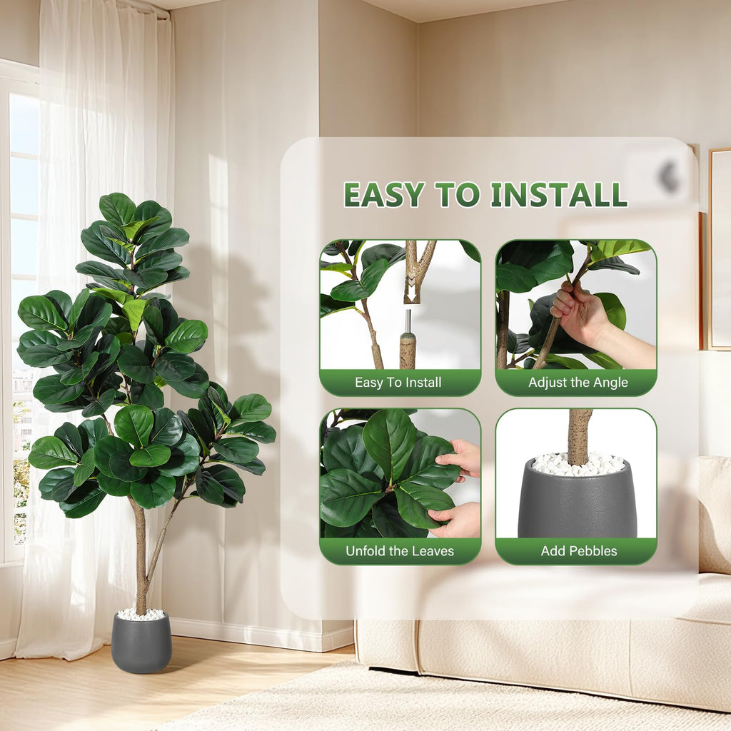 5 ft Fiddle Leaf Fig Tree Artificial with 77 Leaves - Realistic Faux Ficus Lyrata Trees in 7.8 in Grey Planter Pot