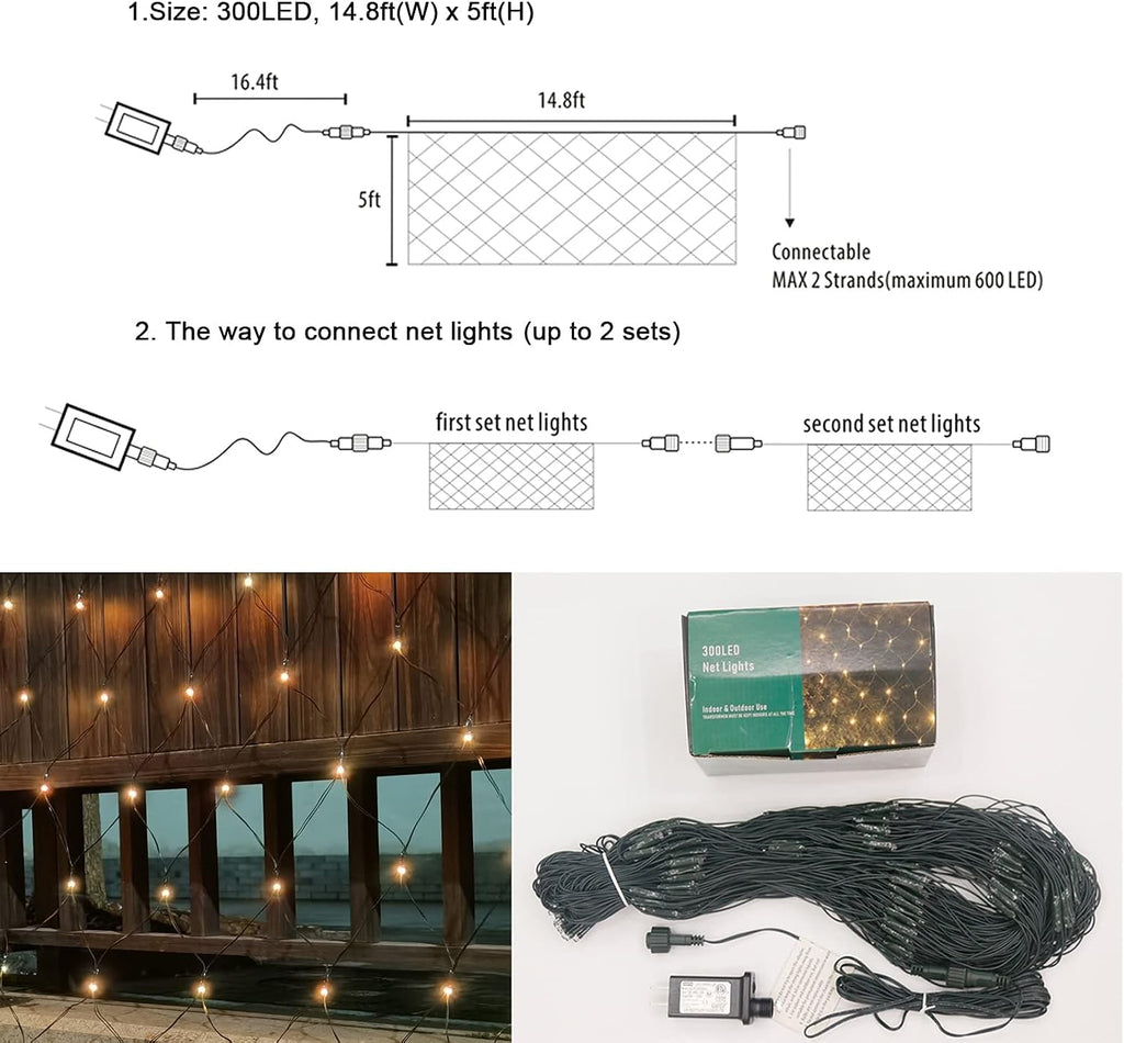 300LED Net Lights, 14.8ft x 5ft Connectable Christmas Net Lights 8 Modes, Waterproof Mesh Lights Plug in for Bushes