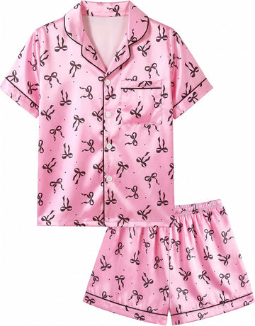Girls Satin Pajamas Set, Silky Kids Sleepwear PJs for Teen