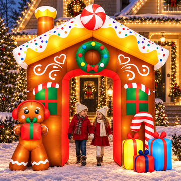 10 FT Christmas Inflatables Decorations, Outdoor Gingerbread Arch Giant Blow Up with Built-in LED Lights for Yard