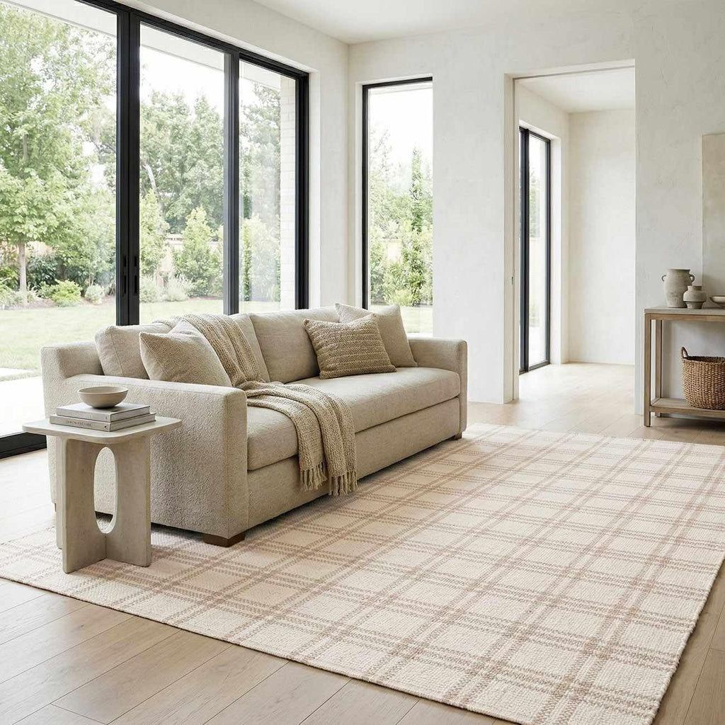 Dhyana Wool Living Room, Bedroom Area Rug - Plaid Checkered Geometric Striped - Contemporary Farmhouse Modern