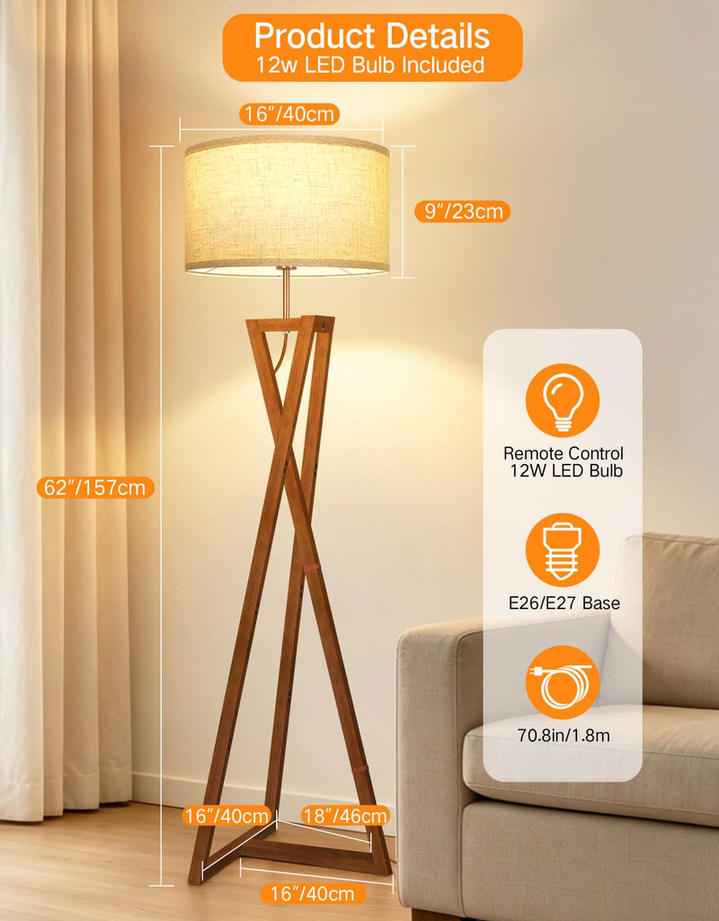 62" Wood Tripod Floor Lamp, Dimmable Mid Century Modern Vintage Lamps with Remote Control, 4 Color Temperature, LED