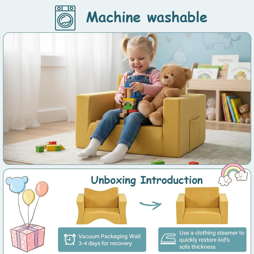 In-1 Kids Sofa, Convertible Children Couch to Lounger, Flip Out Kids Chair, Toddler Armrest Chair Bed, Folding Kid