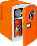 Fanta Mini Fridge - 6 Can Refrigerator for Bedroom Office, Portable Table Top Beverage Cooler, 12V 110V Refrigerador