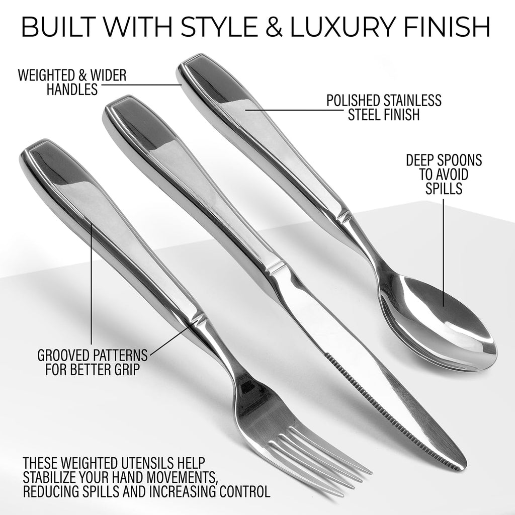 Weighted Utensils for Hand Tremors and Parkinson's Patients - 3 Piece Set Weighted Silverware for Elderly, Arthritis
