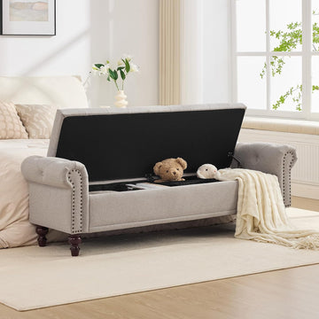 67" Storage Bench , Linen Upholstered, Light Brown | King Size End of Bedroom Bed Bench Ottoman with Tufted Cushioned