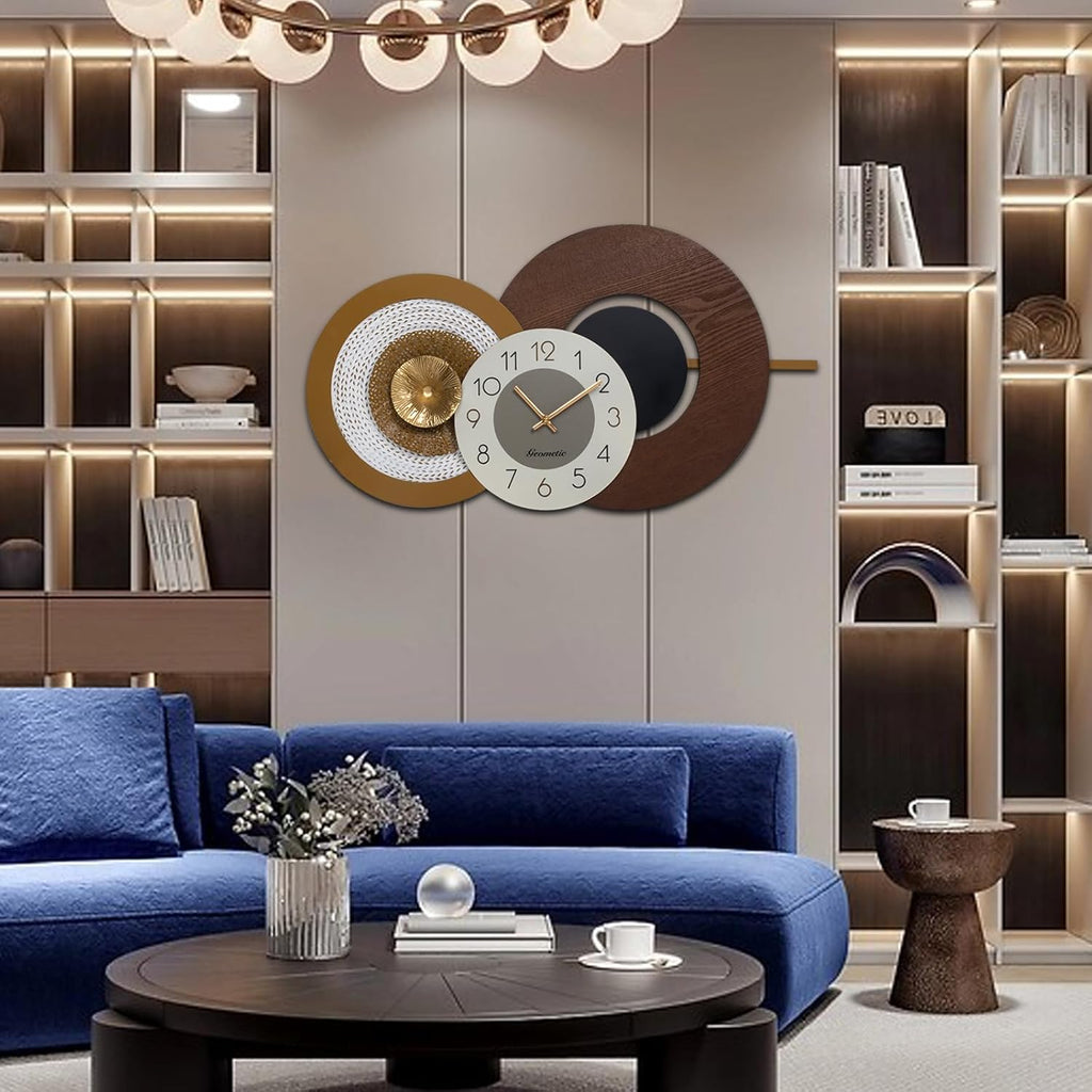 27x16 Inch Large Decorative Wall Clock - Wood & Metal Mid Century Modern Clock Non-Ticking Silent Battery Operated