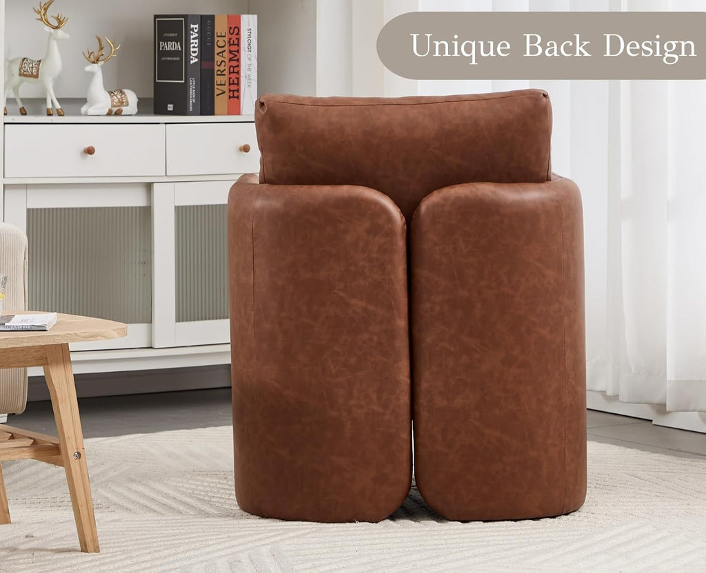 Leather Upholstered Modern Accent Chairs, Mid-Century Barrel Armchairs with Padded Cushion, Comfy Reading - Set of 2