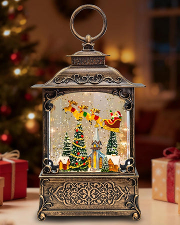 Vintage Christmas Snow Globe Lantern with Santa Flying Reindeer & Church Scene, Lighted Musical Snow Globe