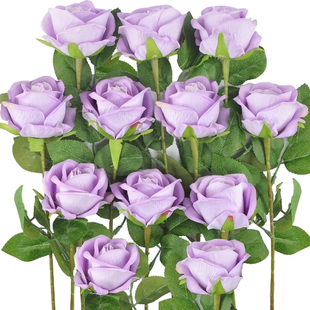 Artificial Velvet Roses 12pcs Faux Flowers Light Purple