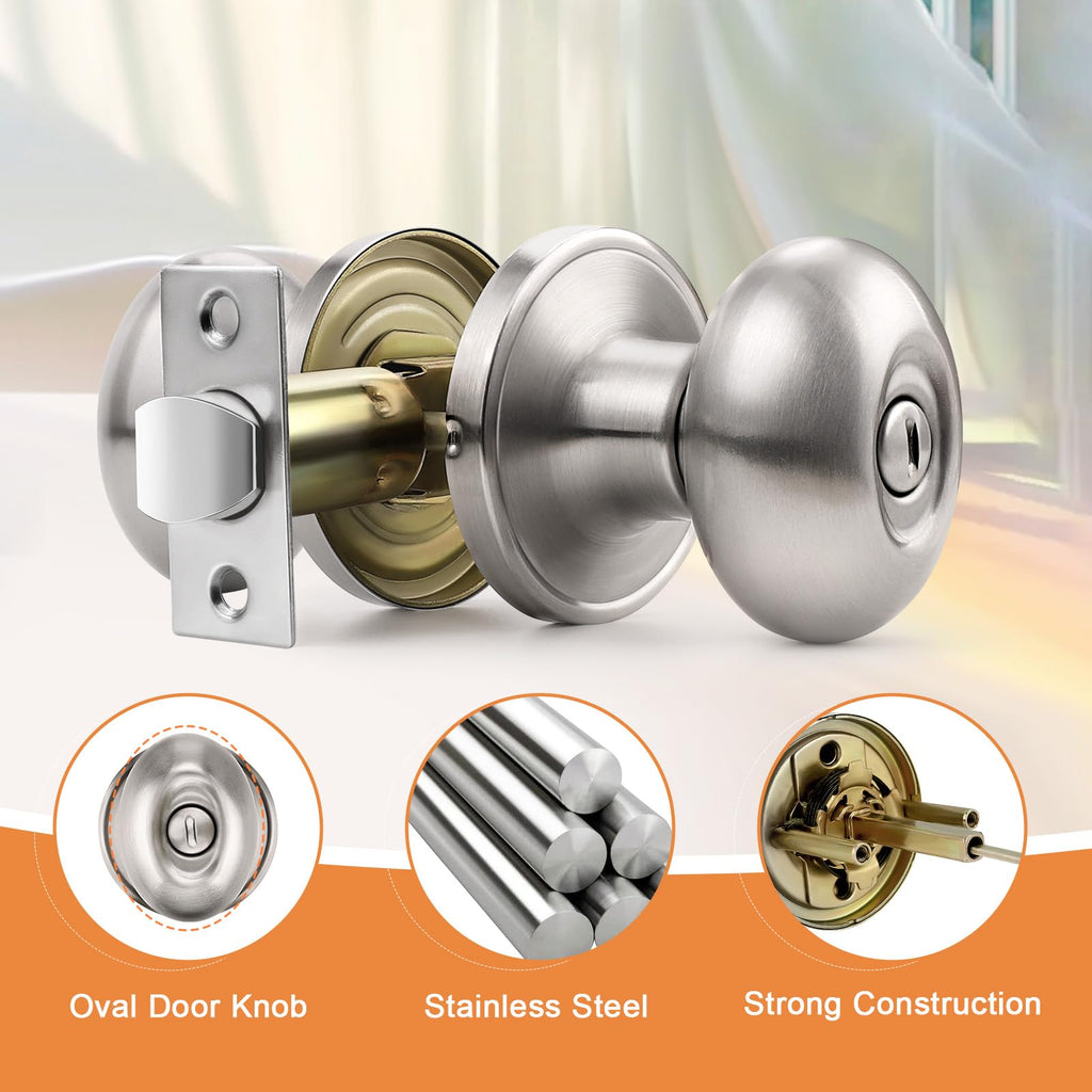 3 Pack Oval Door Knobs Satin Nickel Privacy Door Handles Egg Shaped Door Knobs Interior Door Knobs Without Key
