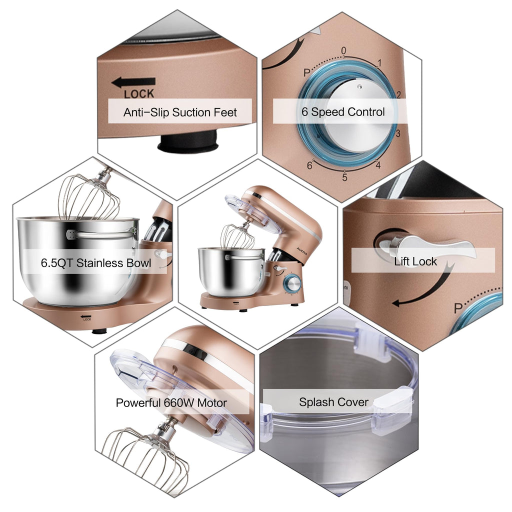 Stand Mixer,6.5-QT 660W 6-Speed Tilt-Head Food Mixer, Kitchen Electric Mixer with Dough Hook, Wire Whip & Beater