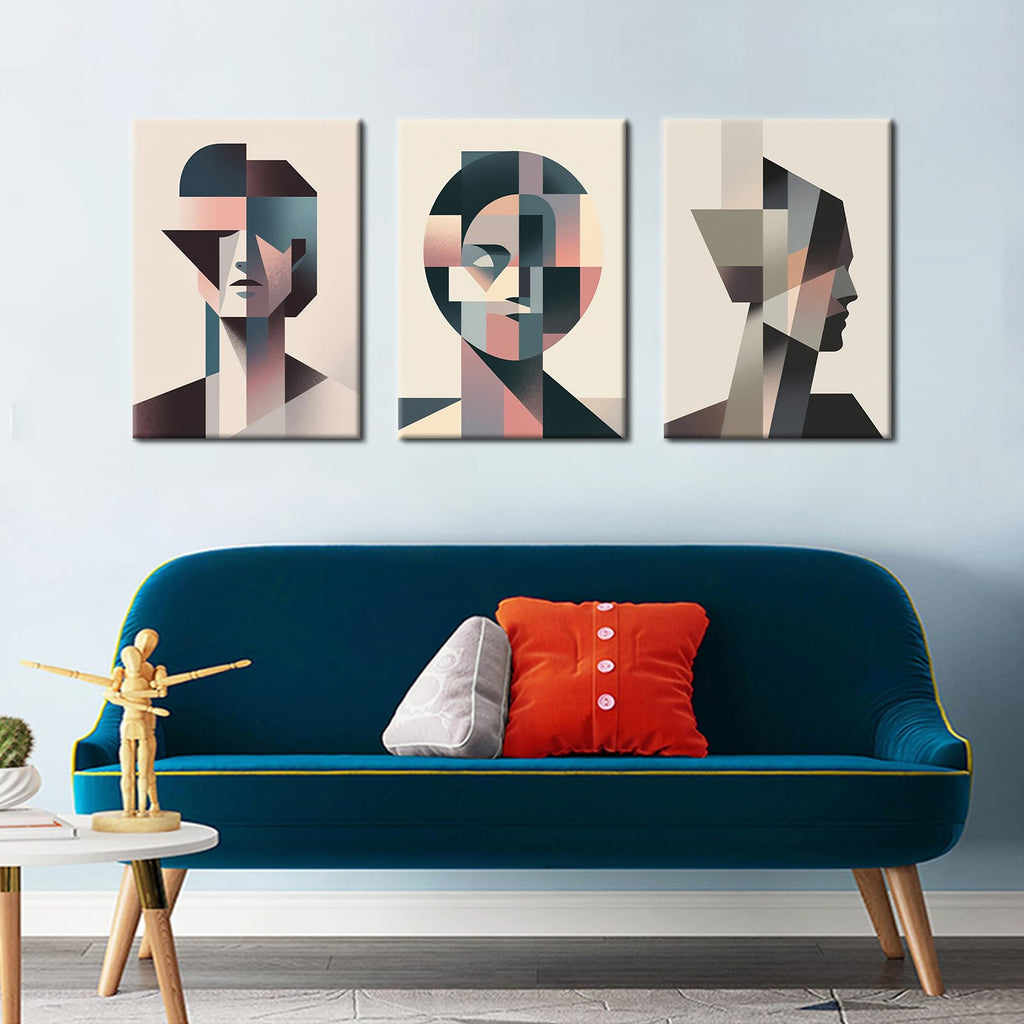 Geometric Faces Triptych Canvas Wall Art, Modern Figure Room Decor