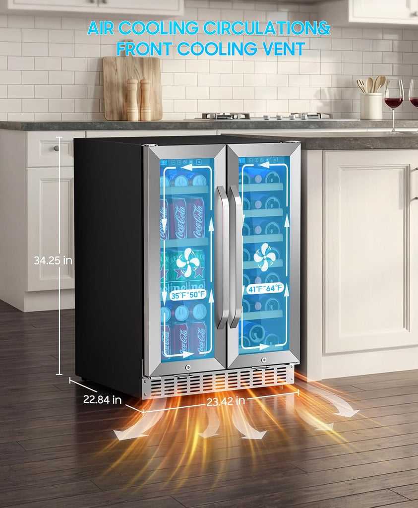 Wine and Beverage Refrigerator with Glass Door, 24-Inch Dual Zone Wine Fridge Un