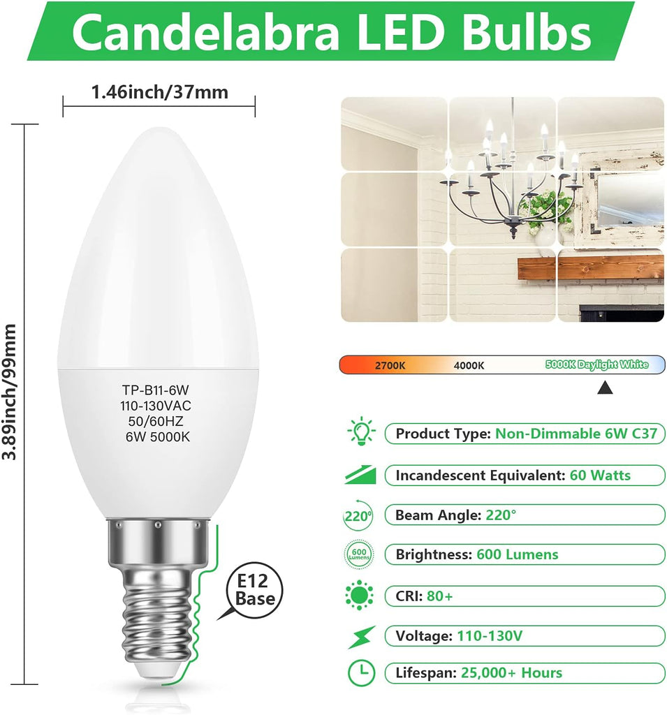 E12 Candelabra LED Bulbs 60W Equivalent, 600 Lumens 6W, 12-Pack