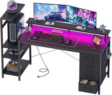 59in Gaming Computer Desk with Drawers & Power Outlet & LED Lights, Black | Gaming Table, Escritorio Gamer
